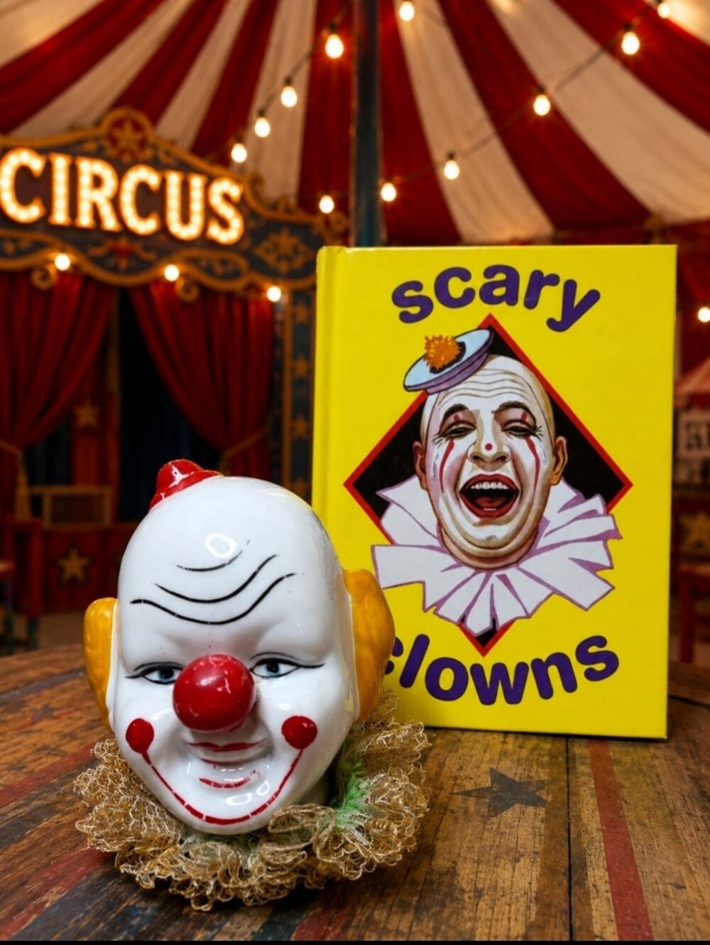 Vintage Scary Clown Head Glazed Bisque Clowns Phobia Coulrophobia Book Both FLAW